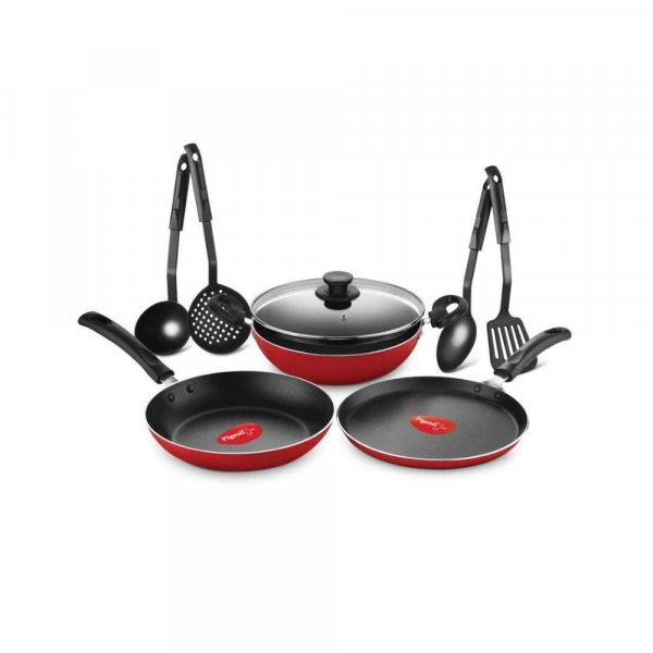 Cookware Gift Set, Includes Nonstick Flat Tawa, Nonstick Fry Pan, Kitchen Tool Set, Nonstick Kadai With Glass Lid (Red)