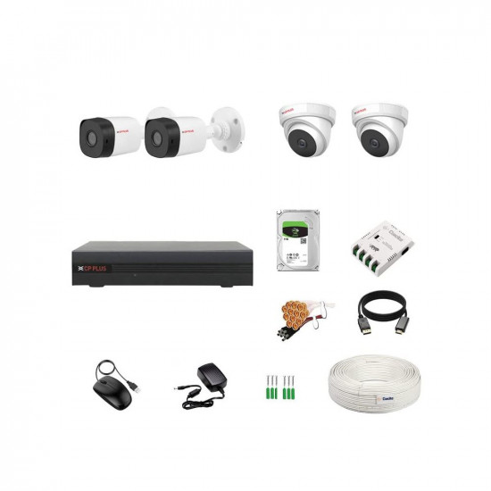 CP Plus 4 Channel DVR with 2.4MP 2 Dome & 2 Bullet Cameras (Day/Night Vision) + 1TB HDD + Copper Cable Roll (1+3) + CLOCITE 4 CH Power Supply + BNC & DC Full Combo Kit
