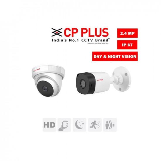 CP Plus 4 Channel DVR with 2.4MP 2 Dome & 2 Bullet Cameras (Day/Night Vision) + 1TB HDD + Copper Cable Roll (1+3) + CLOCITE 4 CH Power Supply + BNC & DC Full Combo Kit