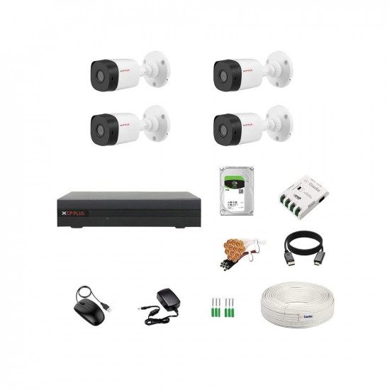 CP Plus 4 Channel DVR with 2.4MP 4 Bullet Cameras (Day/Night Vision) + 1TB HDD + Copper Cable Roll (1+3) + CLOCITE 4 CH Power Supply + BNC & DC Full Combo Kit