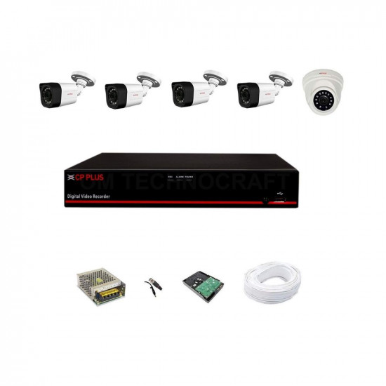 CP Plus Astra HD 8 Channel DVR with 2.4 MP 1 Dome & 4 Bullet Cameras + 2 TB Surveillance HDD + (3+1) Cable 90 Mtr + 8 CH Power Supply + BNC & DC Full Combo Kit