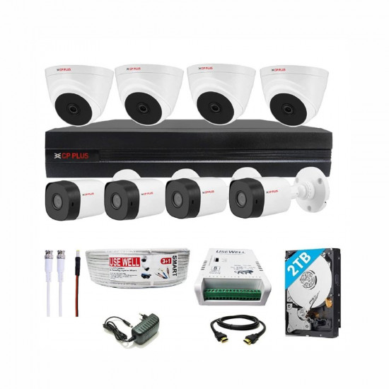 CP PLUS Full HD 8 Channel DVR with 2 4 MP 4 Dome 4 Bullet Cameras 2 TB HDD 3 1 Cable roll 8 CH Power Supply BNC DC Full Combo Kit