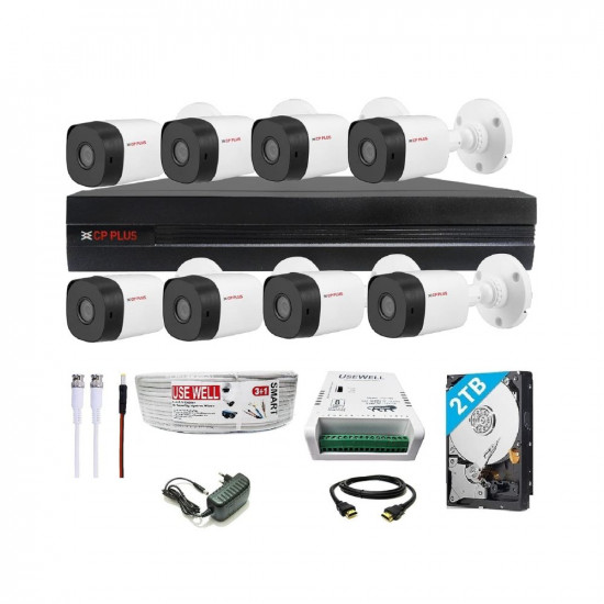 CP PLUS Full HD 8 Channel DVR with 2.4 MP 8 Bullet Cameras + 2 TB HDD + (3+1) Cable roll + 8 CH Power Supply + USEWELL BNC & DC Full Combo Kit