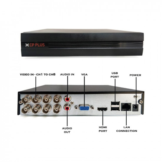 CP PLUS Full HD 8 Channel DVR with 2.4 MP 8 Bullet Cameras + 2 TB HDD + (3+1) Cable roll + 8 CH Power Supply + USEWELL BNC & DC Full Combo Kit