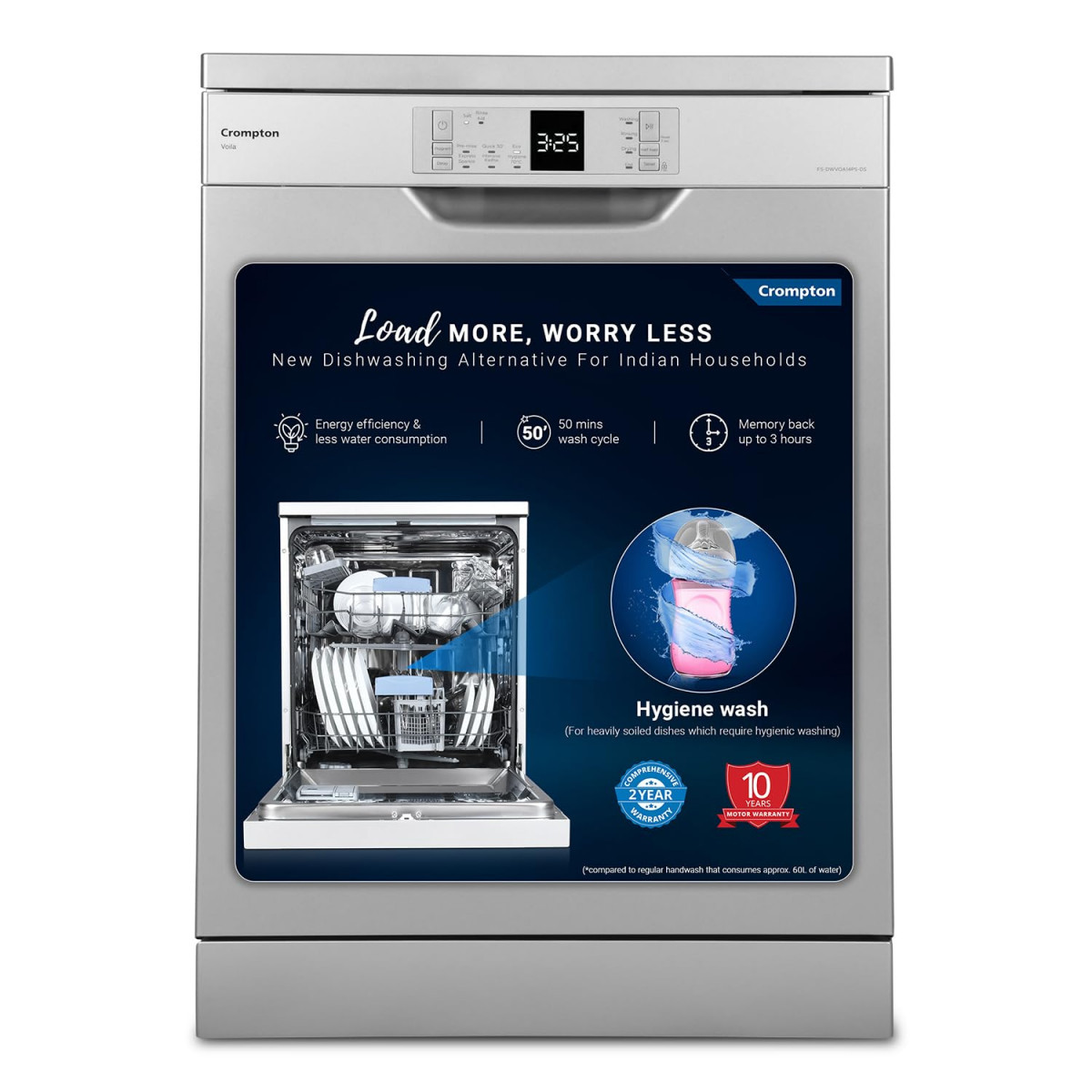 Crompton 14 Place Setting Freestanding Dishwasher with 6 Wash Programs and Super Active Drying System  Energy Saving Dishwasher