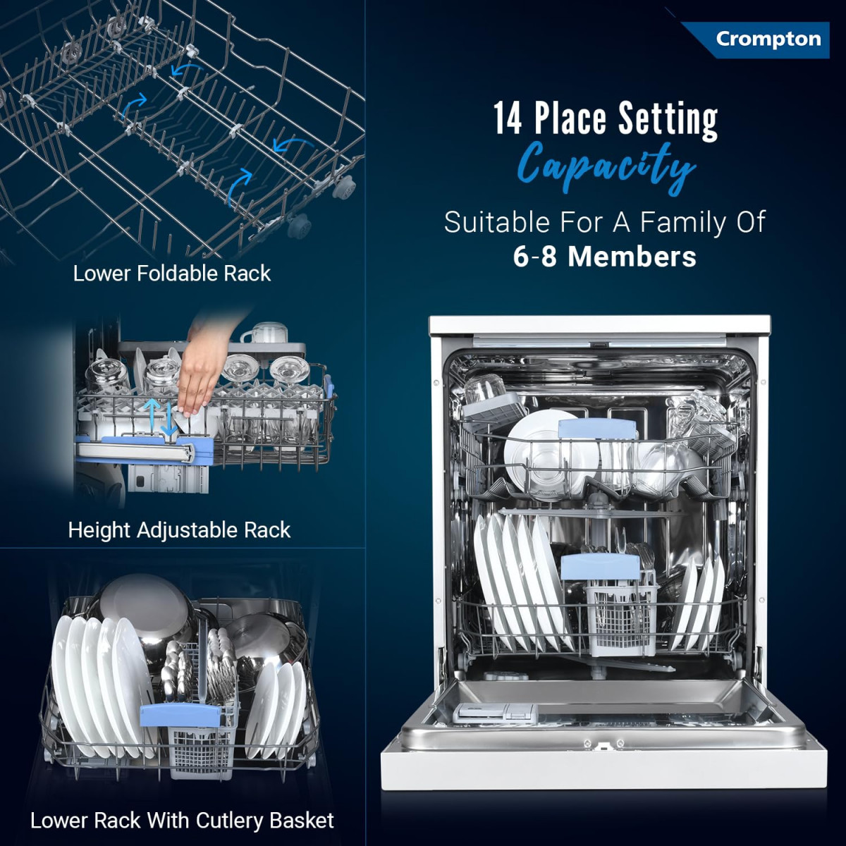 Crompton 14 Place Setting Freestanding Dishwasher with 6 Wash Programs and Super Active Drying System  Energy Saving Dishwasher