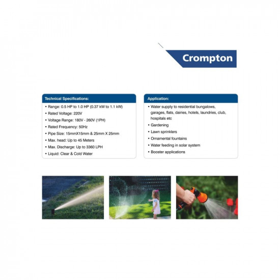 Crompton AQUAGOLD 100-33 Residential Water Pump Self Priming Regenerative 1 HP Single Phase
