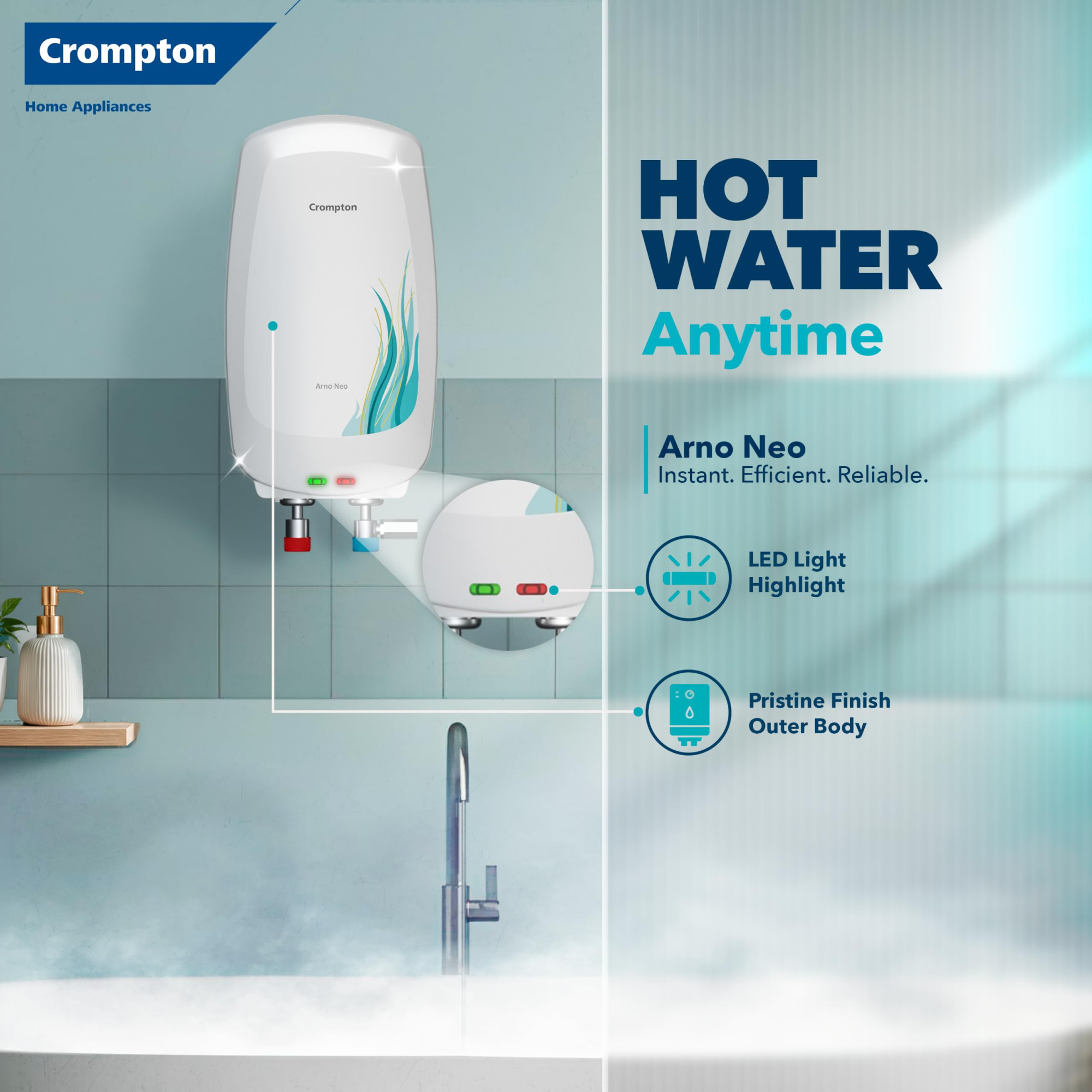 Crompton Arno Neo 5 Litre Instant Water Heater 3 kW Heating Element Food Grade SS Tank 6 Bar Pressure Rated Advanced 3-Level Safety 5 Years Tank Warranty