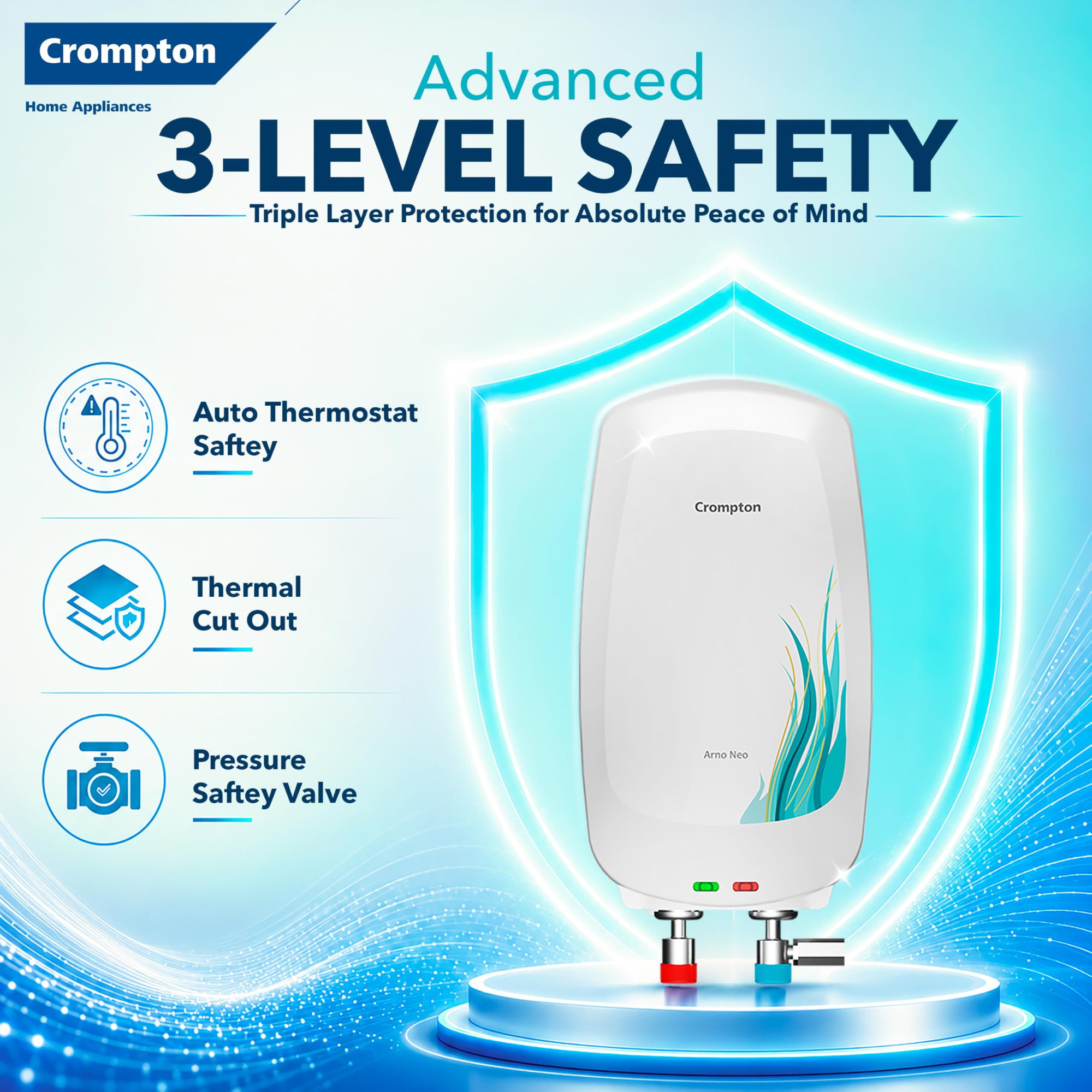 Crompton Arno Neo 5 Litre Instant Water Heater 3 kW Heating Element Food Grade SS Tank 6 Bar Pressure Rated Advanced 3-Level Safety 5 Years Tank Warranty