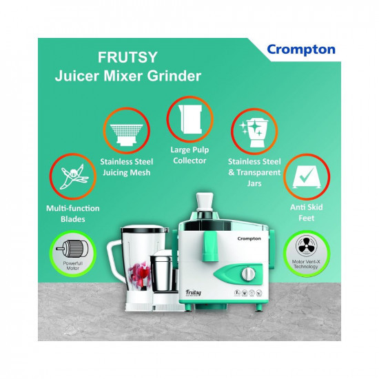 Crompton Frutsy 450-Watt Juicer Mixer Grinder with Multi-Functional Blade System (1 Stainless Steel Jar and 1 Juicer Jar, White & Turquoise) (FRUTSY4502J)