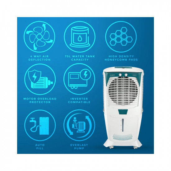 Crompton Ozone 75-Litre Inverter Compatible Desert Air Cooler with Honeycomb Pads for Home and Commercial (White and Teal)