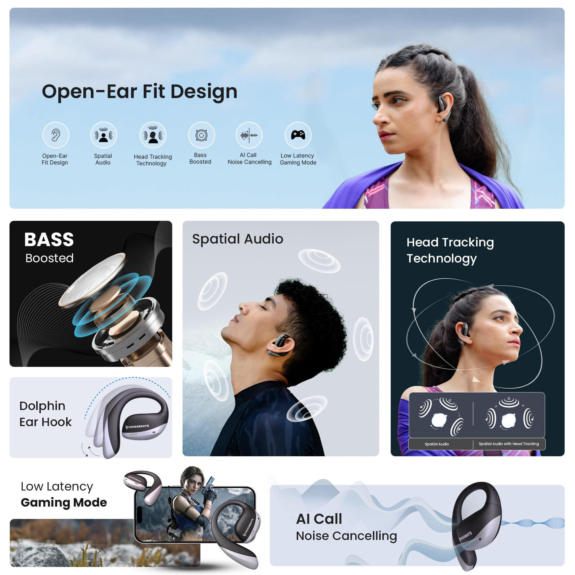 CrossBeats Arc Buds OWS Open Ear Wireless Earbuds  Spatial Audio Headphones  Head Tracking  Gaming Bluetooth Earphones  100hr Playtime  142mm Drivers IPX5 Rating Type-c Fast Charging Black