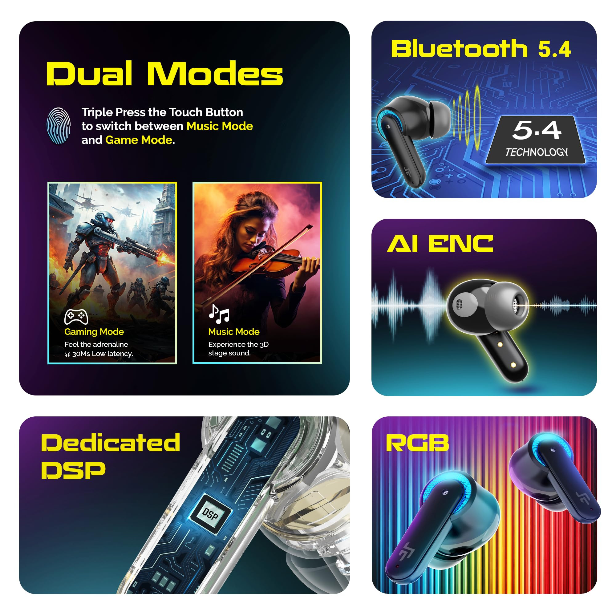 CrossBeats Fury Max Gaming TWS in-Ear Buds 100hr Playtime Bluetooth Earphones  RGB Lights  BT v54  30ms Low Latency  360 Spatial Audio  3D Sound Stage  6 mics AI ENC  Dual EQ ModesBlack