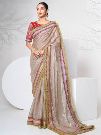 Dazzling Mauve Organza Foil Mirror Wedding Style Saree(Un-Stitched)