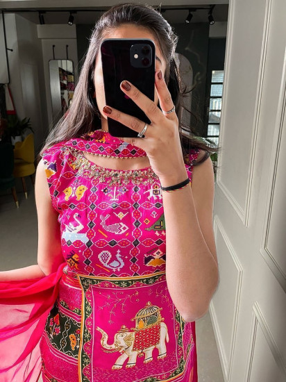 Dazzling Rani Pink Patola Print Silk Festival Wear Palazzo Suit