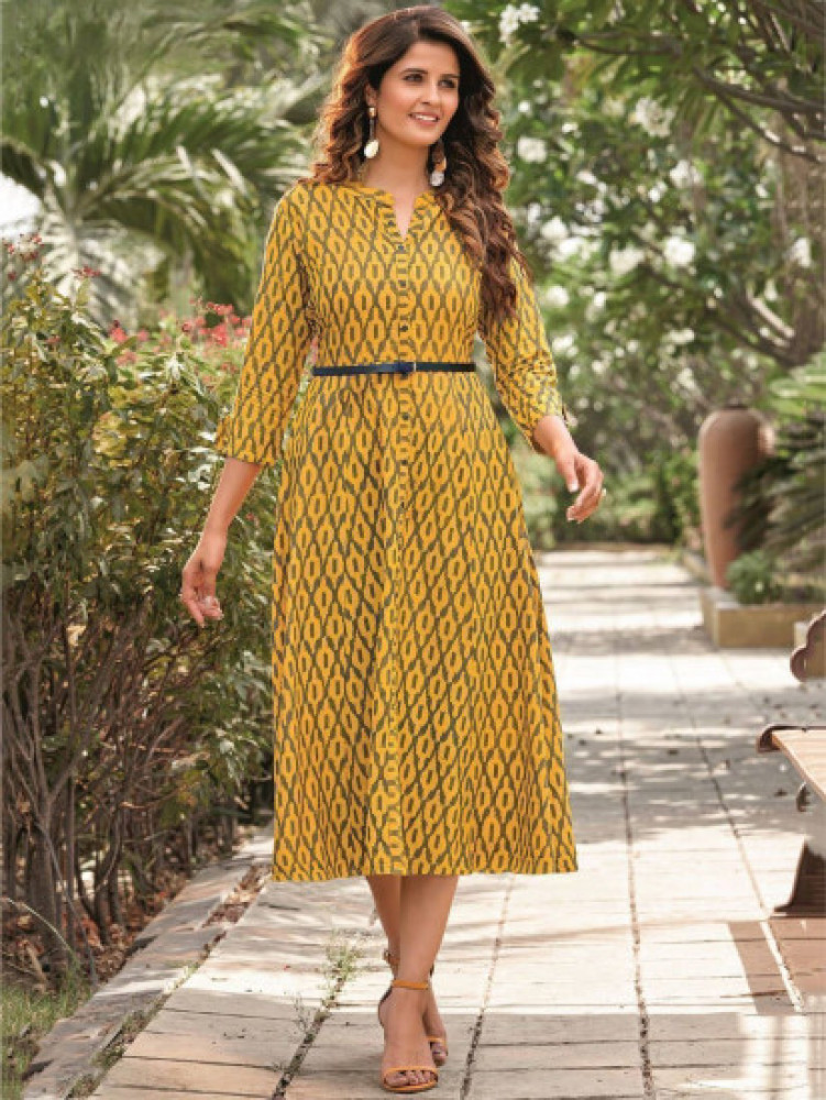 Buy online Yellow Geometric Printed Round Neck Straight Kurti from Kurta  Kurtis for Women by Showoff for ₹739 at 60% off | 2024 Limeroad.com