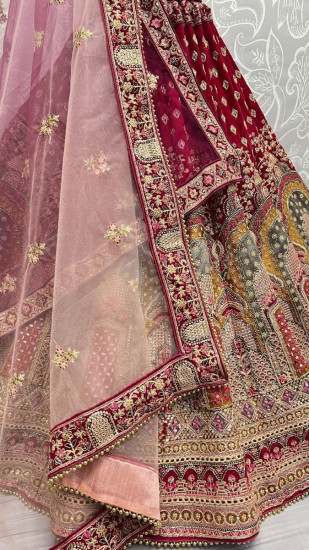 Deep Maroon Velvet Wedding Wear Embroidery Lehenga Choli