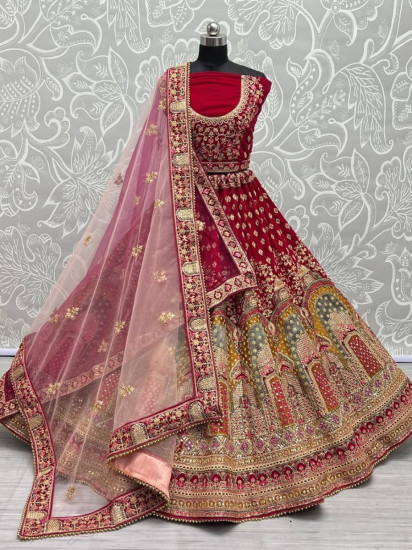 Deep Maroon Velvet Wedding Wear Embroidery Lehenga Choli
