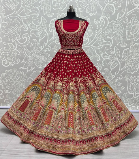 Deep Maroon Velvet Wedding Wear Embroidery Lehenga Choli