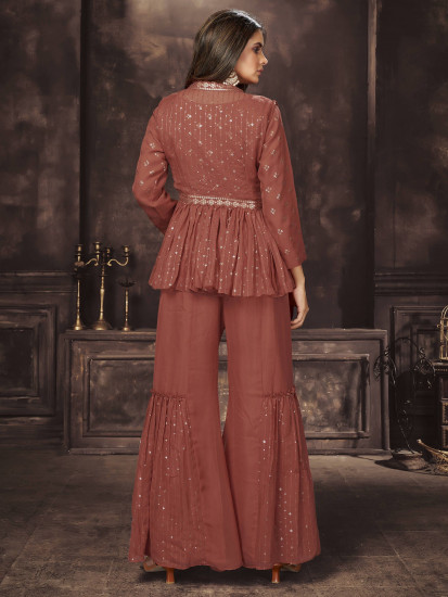 Delightful Brown Sequins Georgette Ready-to-wear Indo-Western Sharara