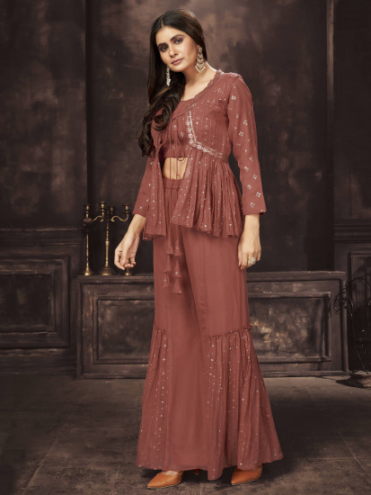 Delightful Brown Sequins Georgette Ready-to-wear Indo-Western Sharara