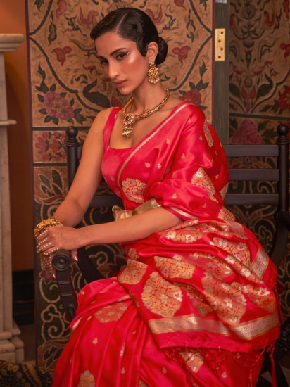 Delightful Red Zari Weaving Pure Satin Festival Wear Saree