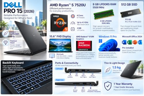 DELL PRO 15 2026 AMD Ryzen 5 Quad Core 7520U - 8 GB LPDDR5512 GB SSDAMD Radeon 610M GraphicsWindows 11 Pro Thin  Light Business Laptop156 FHD DisplayBacklitBlack15 kgMS Office 2024 - Image 2