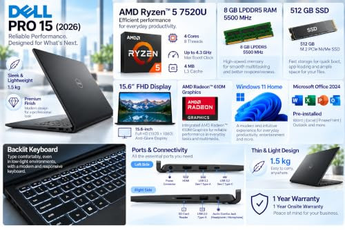 DELL PRO 15 2026 AMD Ryzen 5 Quad Core 7520U - 8 GB LPDDR5512 GB SSDAMD Radeon 610M GraphicsWindows 11 Home Thin Light Business Laptop156 FHD DisplayBacklitBlack15 kgMS Office 2024 - Image 2