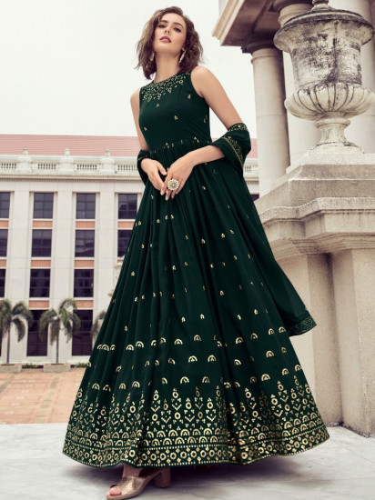 Desirable Bottle Green Sequins Embroidered Engagement Wear Gown