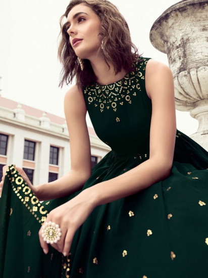 Desirable Bottle Green Sequins Embroidered Engagement Wear Gown
