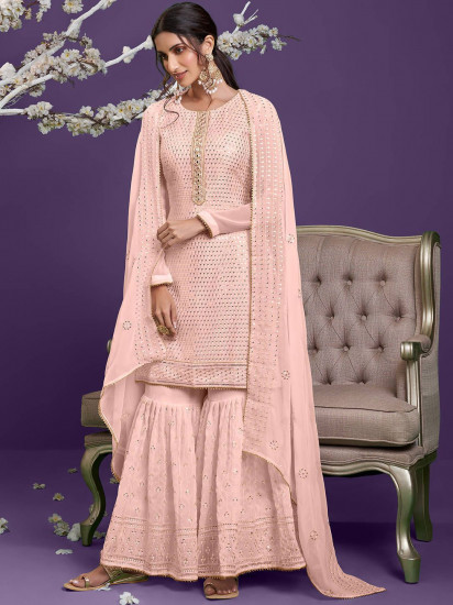 Desirable Dusty Pink Embroidered Khatli Work Georgette Sharara Suit