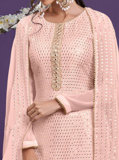 Desirable Dusty Pink Embroidered Khatli Work Georgette Sharara Suit