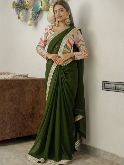 Desirable Mehendi Green Georgette Embroidered Border Party Wear Saree(Un-Stitched)