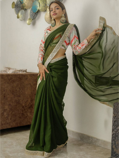 Desirable Mehendi Green Georgette Embroidered Border Party Wear Saree(Un-Stitched)