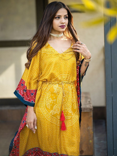Desirable Yellow Bandhej Print Gaji Silk Festival Wear Readymade Kaftan