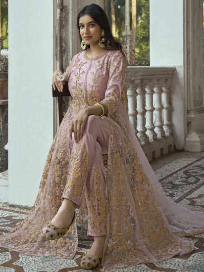 Divine Crepe Pink Dori Embroidered Net Festive Wear Salwar Kameez