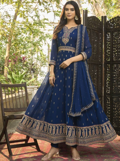 Divine Navy Blue Zari Embroidered Georgette Festive Wear Salwar Suit