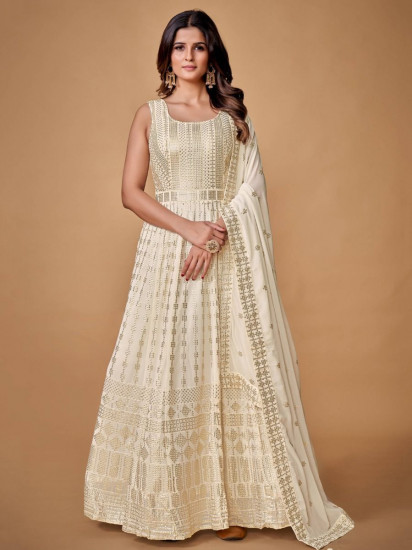 Divine Pearl White Sequins Georgette Festive Wear Gown with dupatta