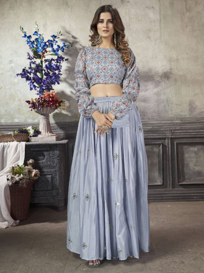 Divine Sky Blue Sequined Silk Ready-to-wear Crop Top Lehenga
Semi Stitched