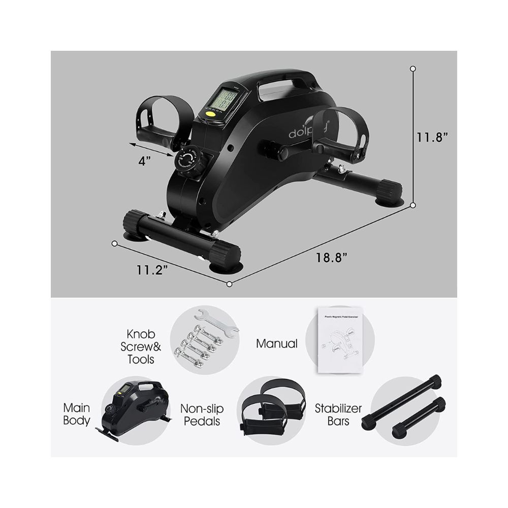 Dolphy Portable Mini Magnetic Under Desk Bike Pedal Exerciser Bike for Leg and Arm, Foot Cycle with LCD Display (Black)