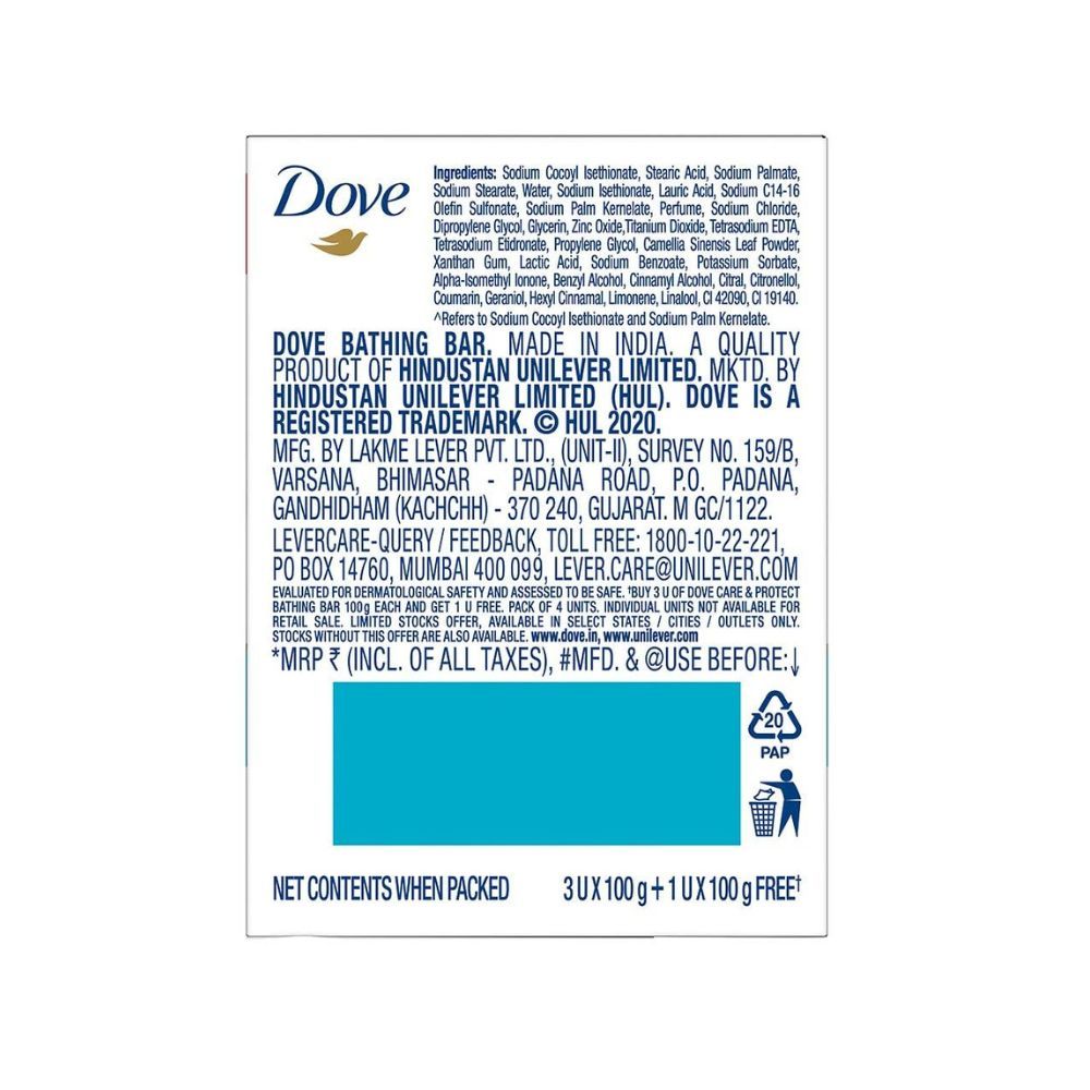 Dove Care & Protect Bathing Bar - Removes 99% Germs & Moisturises Skin, Plant-Based Cleansers, 100 g (Buy 3 Get 1 Free)
