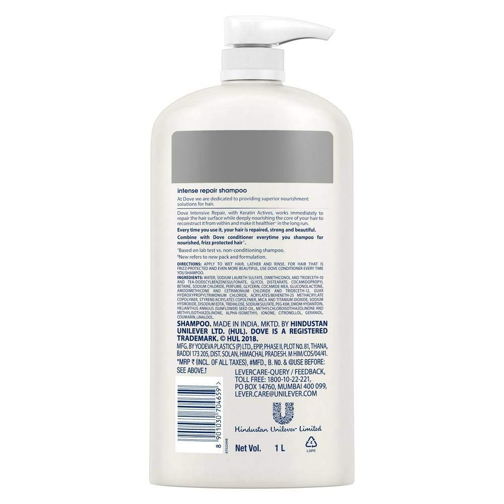 Dove Intense Repair Shampoo 1 L, Repairs Dry and Damaged Hair, Strengthening Shampoo for Men & Women