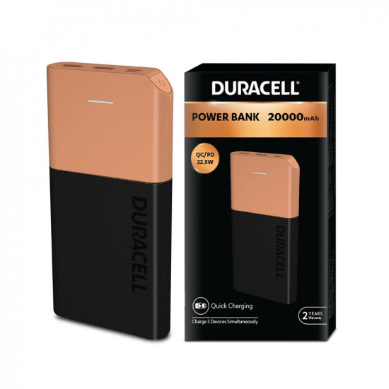 Duracell 20000 MAH Slimmest Power Bank with 1 Type C PD and 2 USB A Port,  22.5W Fast Charging Portable Charger to Charges 3 Devices Simultaneously  for iPhones, Android Phones, Smart Watches & More