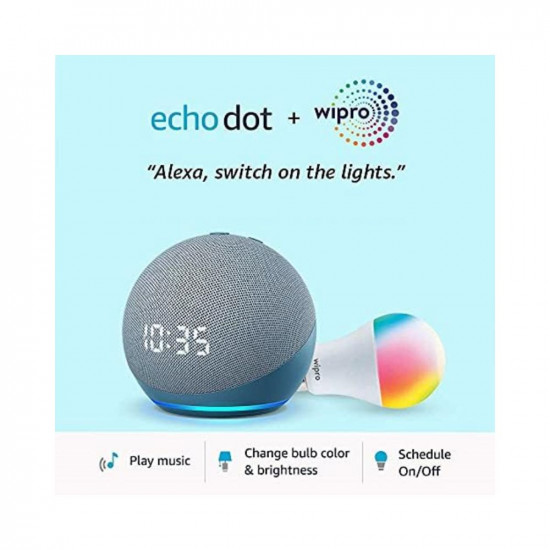 Echo Dot (4th Gen, Blue) with clock combo with Wipro 9W LED smart color Bulb