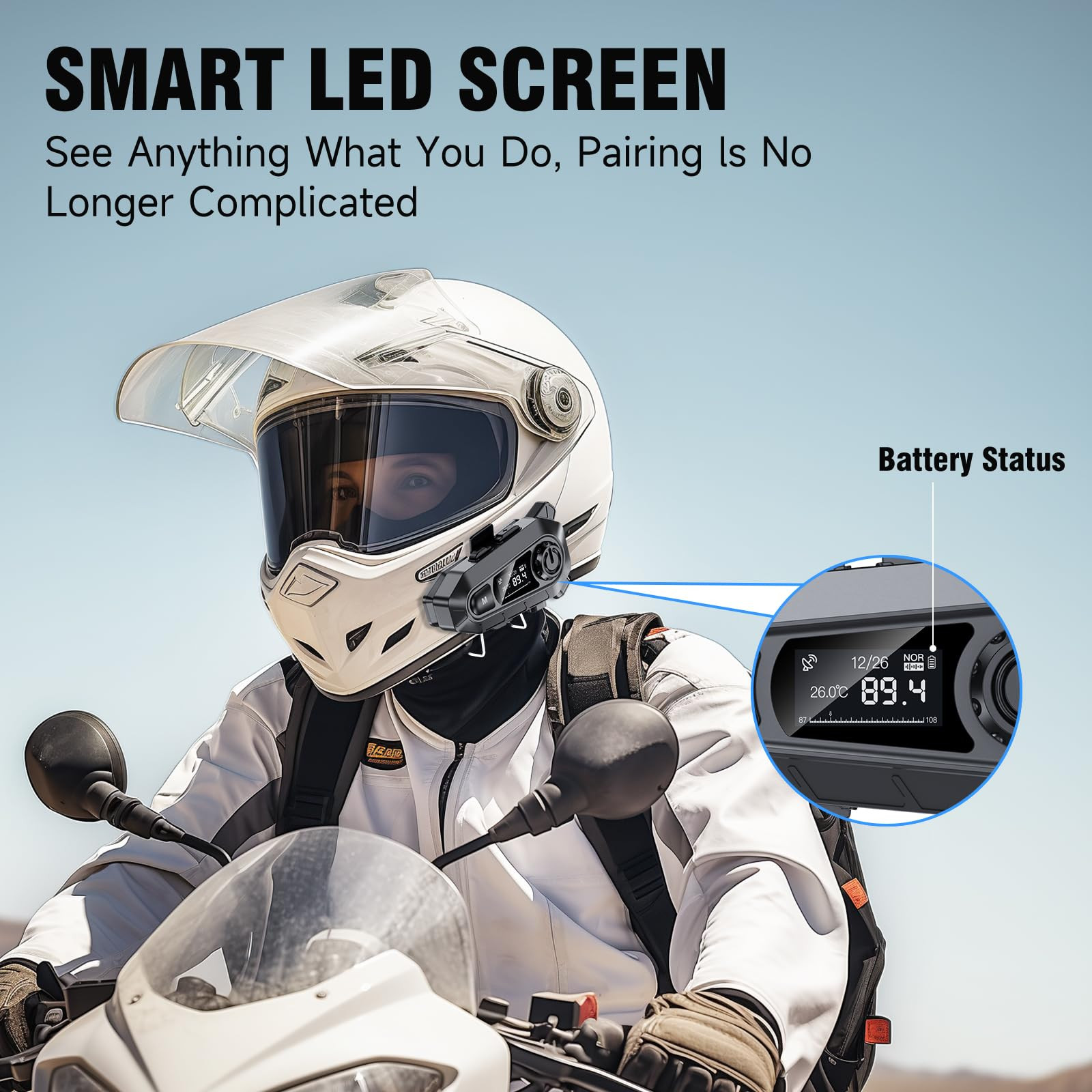 EDYELL A1 Motorcycle Bluetooth On Ear Headsets Smart LED Display Helmet Bluetooth with FM Radio HD Calling and HiFi Music IP67 Waterproof Helmet Headset Compatible with All Helmets A1 Black