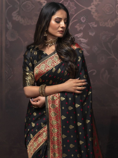 Elegant Black Jacquard Woven Silk Festival Wear Saree With Blouse(Un-Stitched)