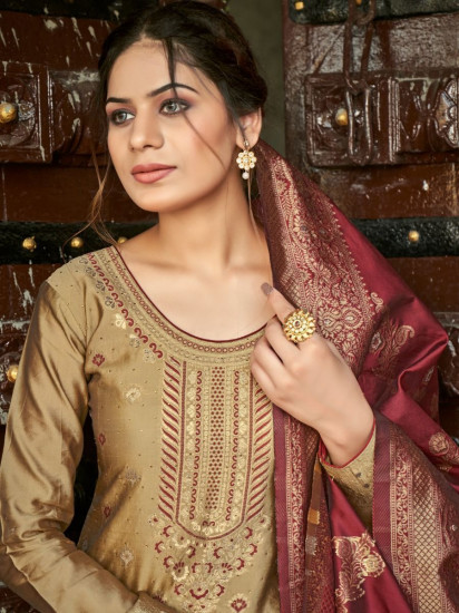 Elegant Golden Maroon Embroidered Banarasi Silk Festive Wear Salwar Kameez