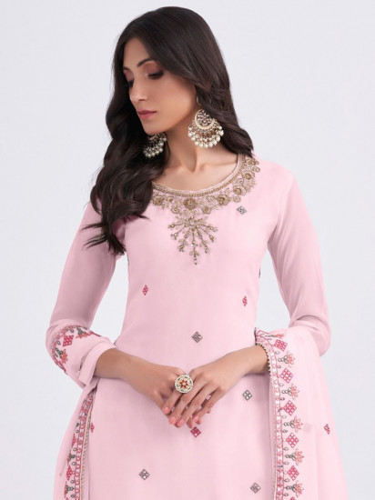 Elegant Light Pink Thread Embroidery Georgette Sharara Suit