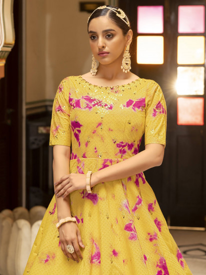 Elegant Yellow Shibori Printed Cotton Long Anarkali Gown