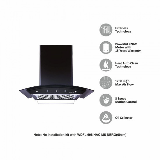 Elica 60 cm 1200 m3 hr Filterless Auto Clean Chimney with 15 Years Warranty WDFL 606 HAC LTW MS NERO